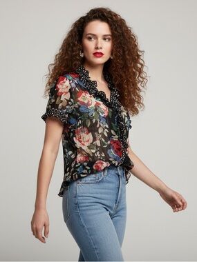 Alison Sheri Floral & Polka Dot Ruffle Blouse Semi Sheer Size M